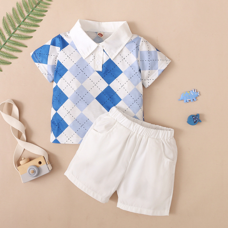 Children Kids Toddlers Boys Short-Sleeved Plaid Print Polo Top And Solid Color Shorts 2pcs Set