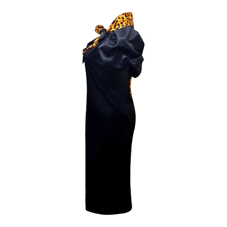 Women Color Blocking Leopard Printed Puff Sleeve Midi Dress