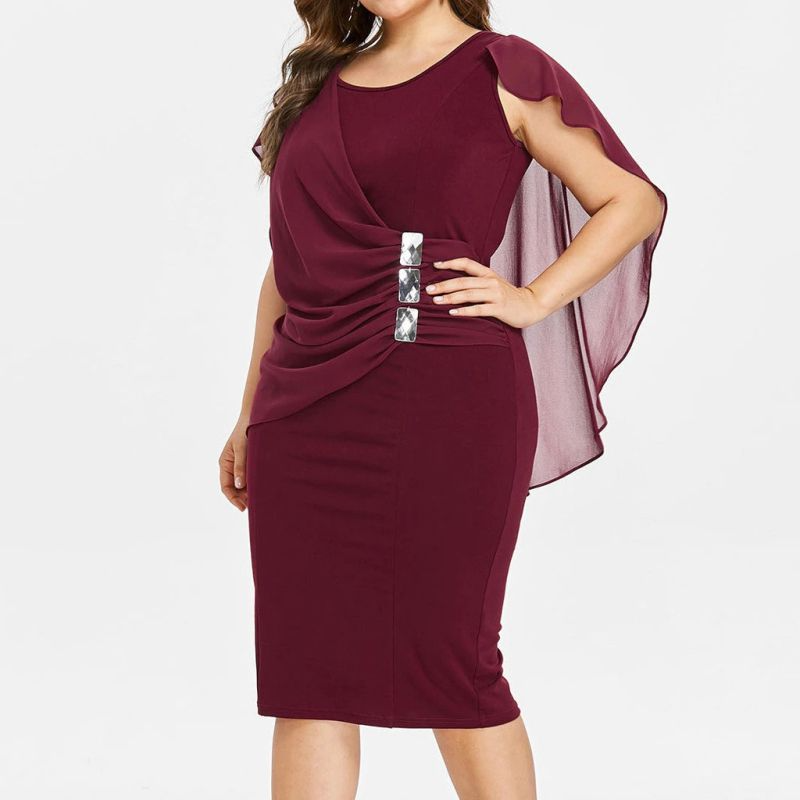 Plus Size Women Round Collar Crease Slim Dress