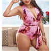 Large Size One-Piece Bikini Deep V Sexy Backless Belt Blooming Printed Swimsuit For Women