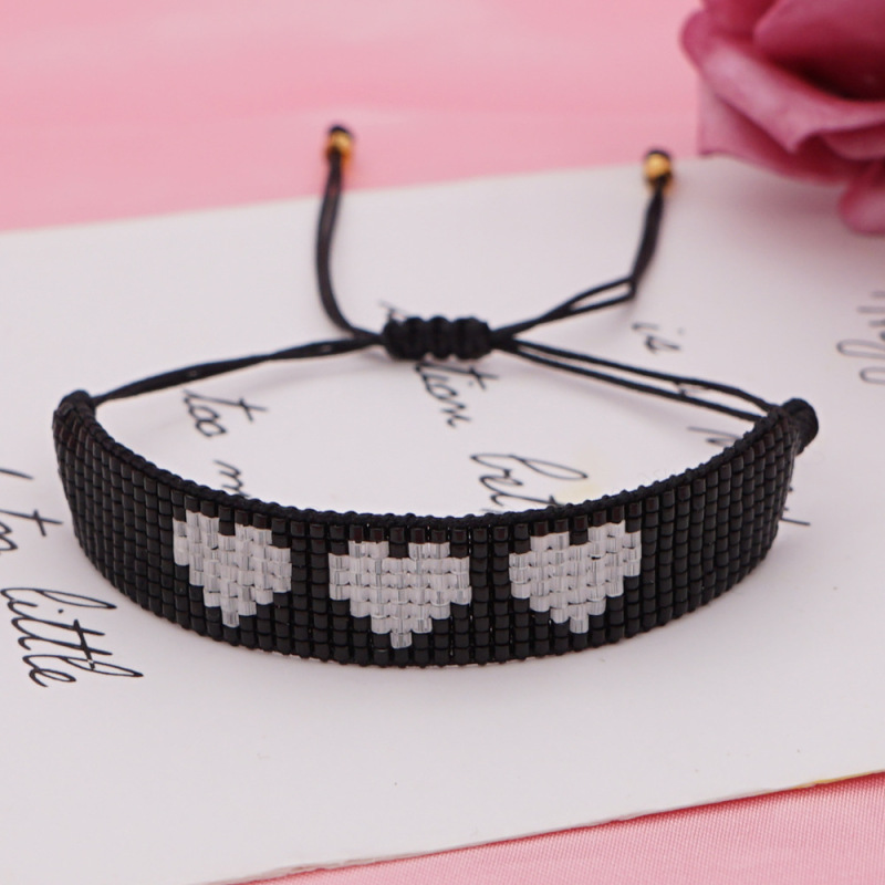Women Fashion Punk Rice Beads Handwoven Black White Heart Beaded Bracelet