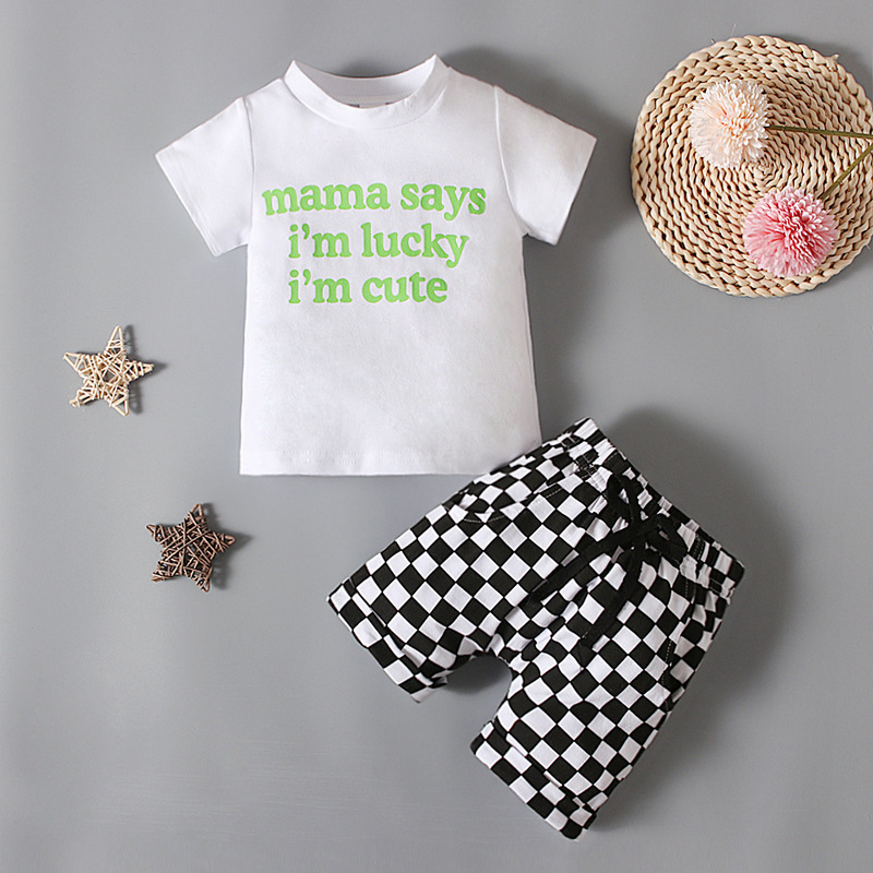 Toddlers Newborn Baby Fashion Boys Short-Sleeved Letter Top And Plaid Shorts 2pcs Set