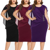 Women Plus Size Round Neck Short-Sleeved Chiffon Shawl Elegant Asymmetric Solid Midi Dress