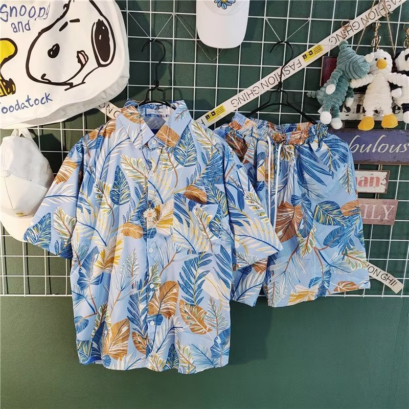 Men Fashion Retro Loose Printed Short Sleeve Shirt And Shorts Two-Piece Set