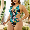 Women Deep V-Neck Leaf Print Backless Plus Size One-Piece Swimwear