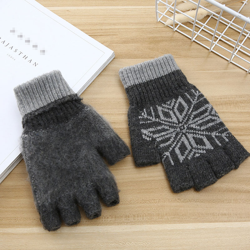 Men Winter Snowflake Pattern Warm Fingerless Knit Gloves