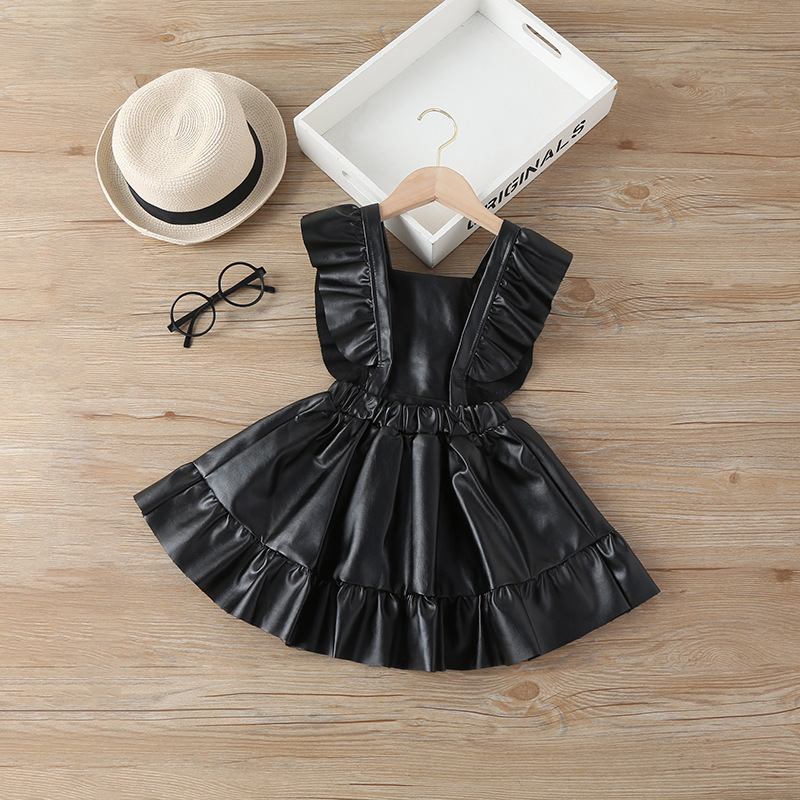 Children Kids Toddlers Fashion Girls Black Pu Leather Ruffled A-Line Dress