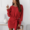 Women Elegant Casual Solid Color Long-Sleeved Round Neck Knotted Dress