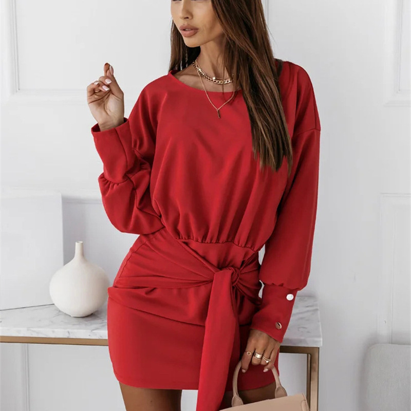 Women Elegant Casual Solid Color Long-Sleeved Round Neck Knotted Dress