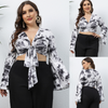 Plus Size Women Fashion Vacation Tie-Dye Deep V Flare Sleeve Crop Blouse