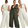 Plus Size Women Pleated Vest Sleeveless V-Neck Waist Wide-Leg Jumpsuit