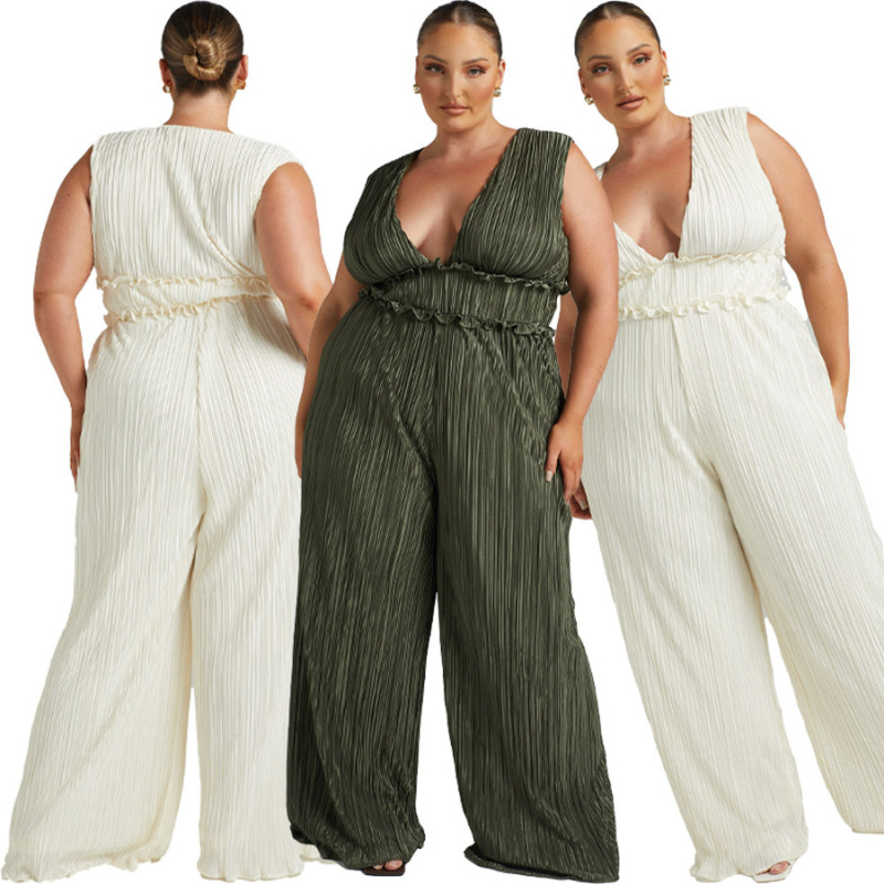 Plus Size Women Pleated Vest Sleeveless V-Neck Waist Wide-Leg Jumpsuit