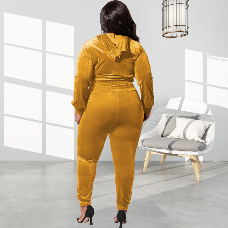 Plus Size Women Solid Color Hooded Long Sleeve Zipper Top And High Waist Pants Two-Piece Set