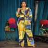 Plus Size Women V-Neck Printed Long-Sleeved Fashion Wide-Leg Jumpsuit