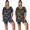 Women Plus Size Summer Printing Loose Casual Camouflage Shorts Two Piece Sets