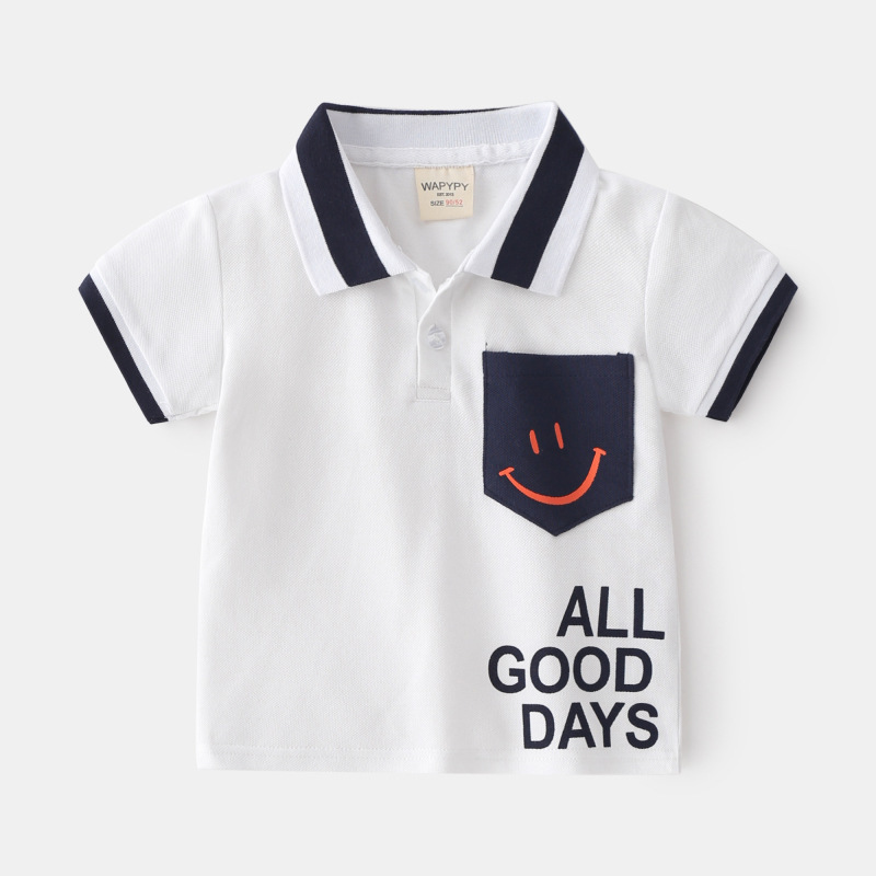 Children Kids Baby Fashion Boys Short Sleeve Cartoon Letter Smile Print Lapel Casual Basic T-Shirt