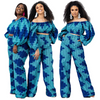 Plus Size Women Printed Boat Neck Long Sleeve Top And High Waisted Loose Pants Casual Two-Piece Set