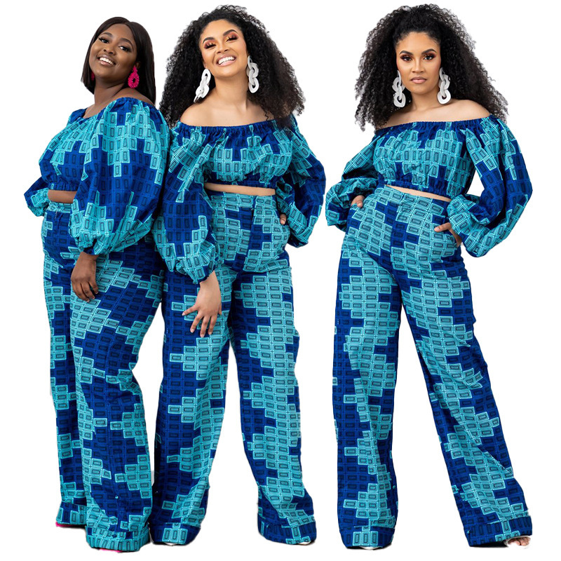 Plus Size Women Printed Boat Neck Long Sleeve Top And High Waisted Loose Pants Casual Two-Piece Set