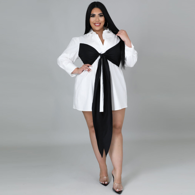 Plus Size Women Contrast Lace-Up Bow Neck Waist Lapel Long Sleeve Blouse Dress