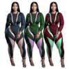 Plus Size Women Mesh Panel Round Neck Long Sleeve High Waist Slim Jumpsuit