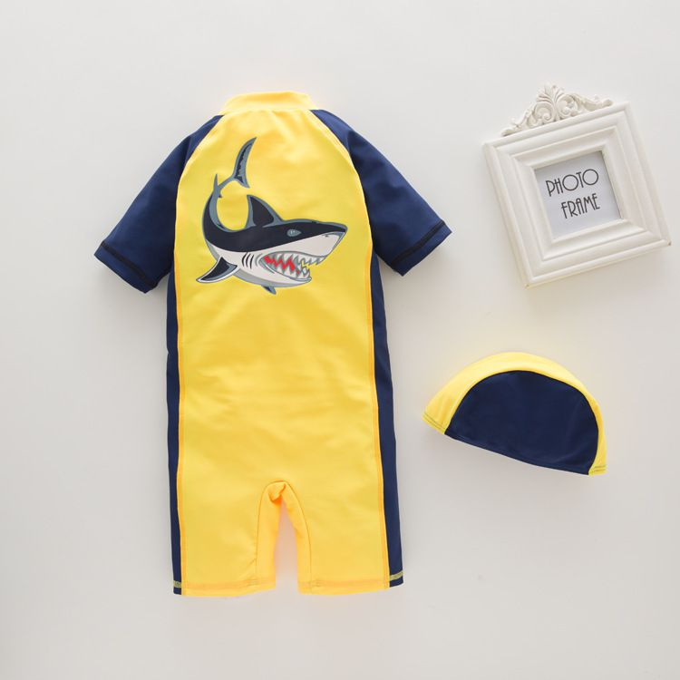 2 Pcs Boys Yellow Shark Pattern Swimwear And Cap