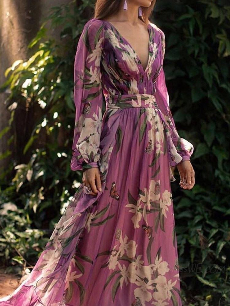 Fashion Vacation Floral Printed Women V-Neck Long-Sleeved Large Swing Chiffon Maxi Dress