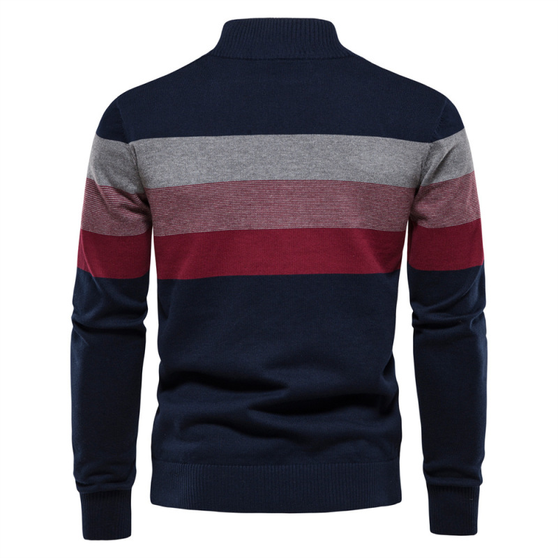 Men Stand Collar Long Sleeve Color Block Sweater