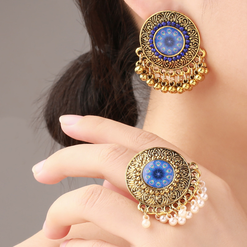 Women Vintage Bell Pendant Earrings Personality Ring Bohemian Ethnic Style Exaggerated Jewelry Set