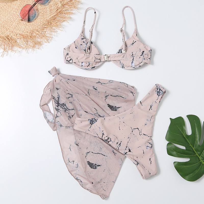 Women Printed Mesh Bikini Sexy Fashion Three-Piece Swimsuit