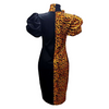 Women Color Blocking Leopard Printed Puff Sleeve Midi Dress