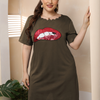 Plus Size Women Casual Sequin Lips Pattern Wavy Hem Short Sleeve Basic Dress