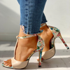 Women Fashion Hollow Peep Toe Word Buckle Fashion Floral Stiletto High-Heeled Sandals