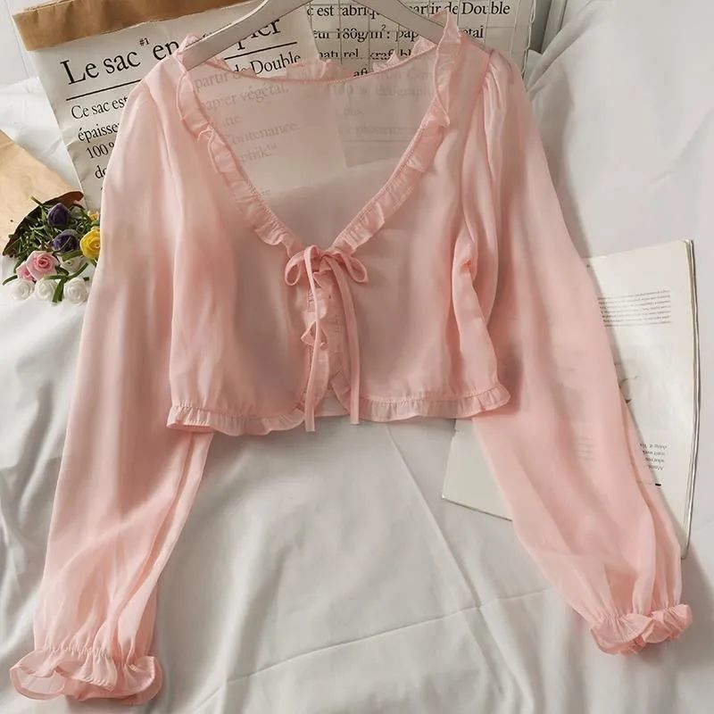 Summer Loose Long-Sleeved Women Short Bow Tie Vacation Chiffon Shirt