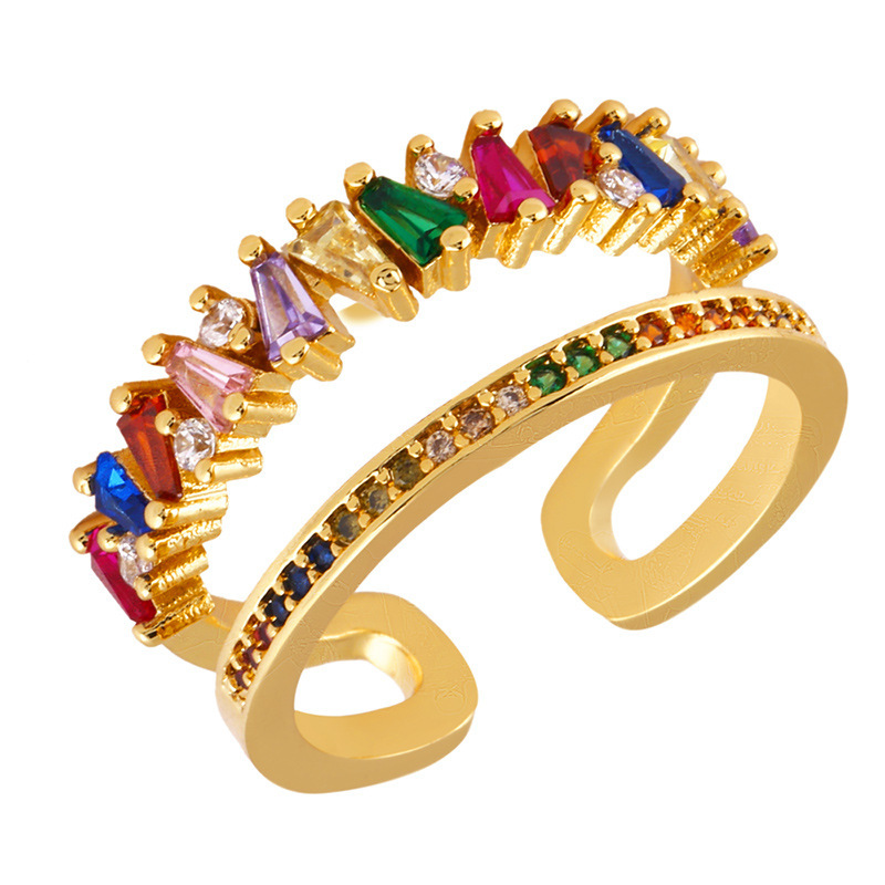 Women Fashion Personality Copper Zircon Rainbow Double Layer Open Ring