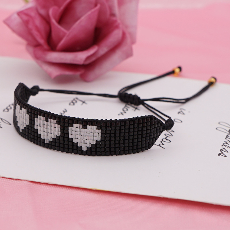 Women Fashion Punk Rice Beads Handwoven Black White Heart Beaded Bracelet