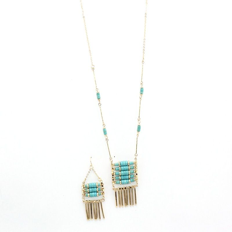 Creative Ethnic Style Unique Turquoise Stone Tassel Pendant Necklace Earrings