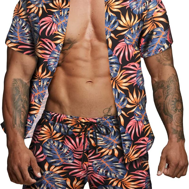 Men Fashion Leaf Print Short Sleeve Shirt And Shorts Two-Piece Set