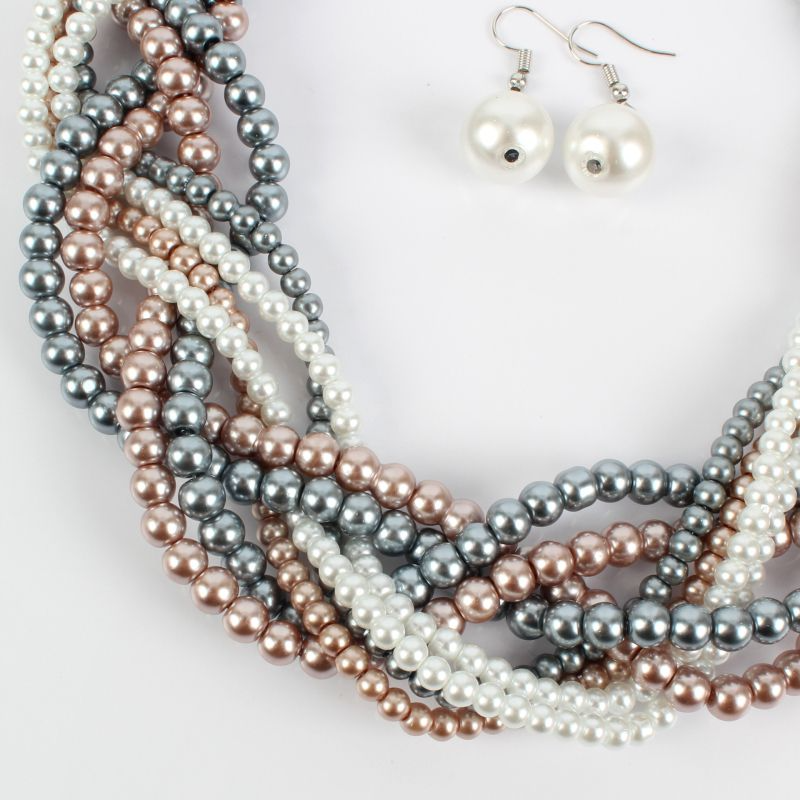 Exaggerated Multicolor Pearl Braided Design Women Party Necklace Set