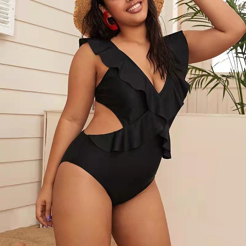 Plus Size Women Summer Beach Vacation Ruffled Solid Color One Piece Swimwear