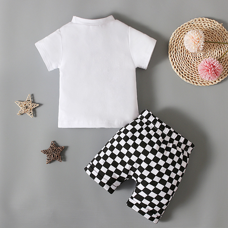 Toddlers Newborn Baby Fashion Boys Short-Sleeved Letter Top And Plaid Shorts 2pcs Set