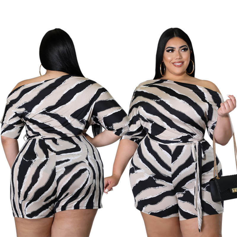 Plus Size Women Printed Short-Sleeved Slim-Fit Waist Rompers