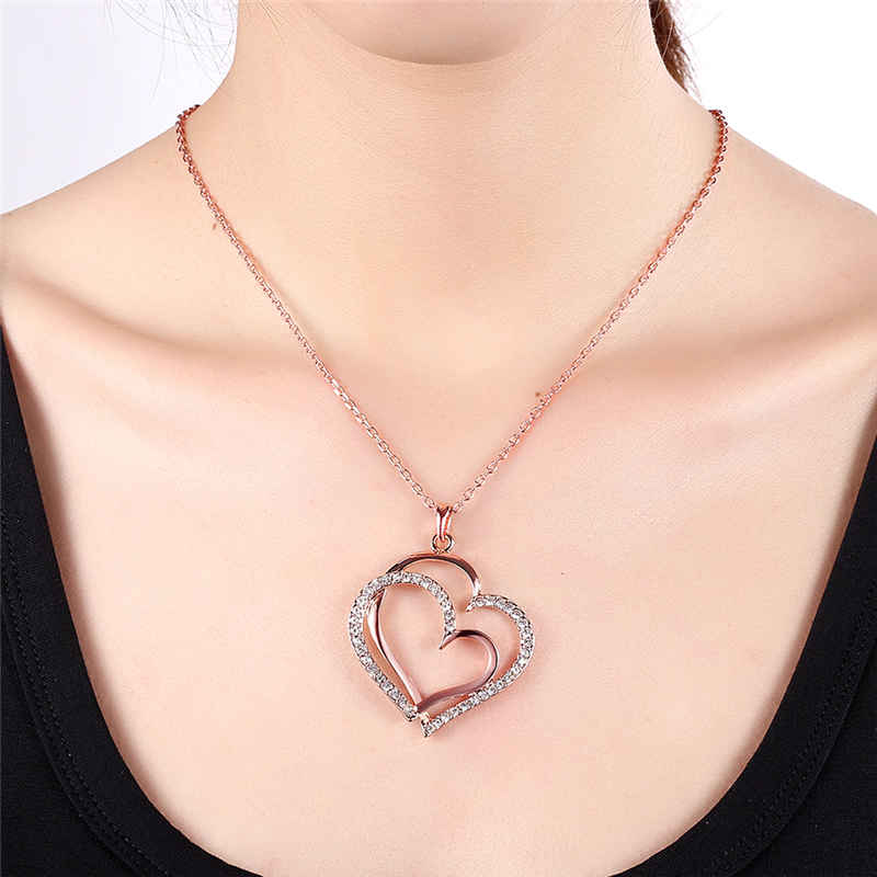 Double Heart Rose Gold Plated Copper Women Fashion Necklace