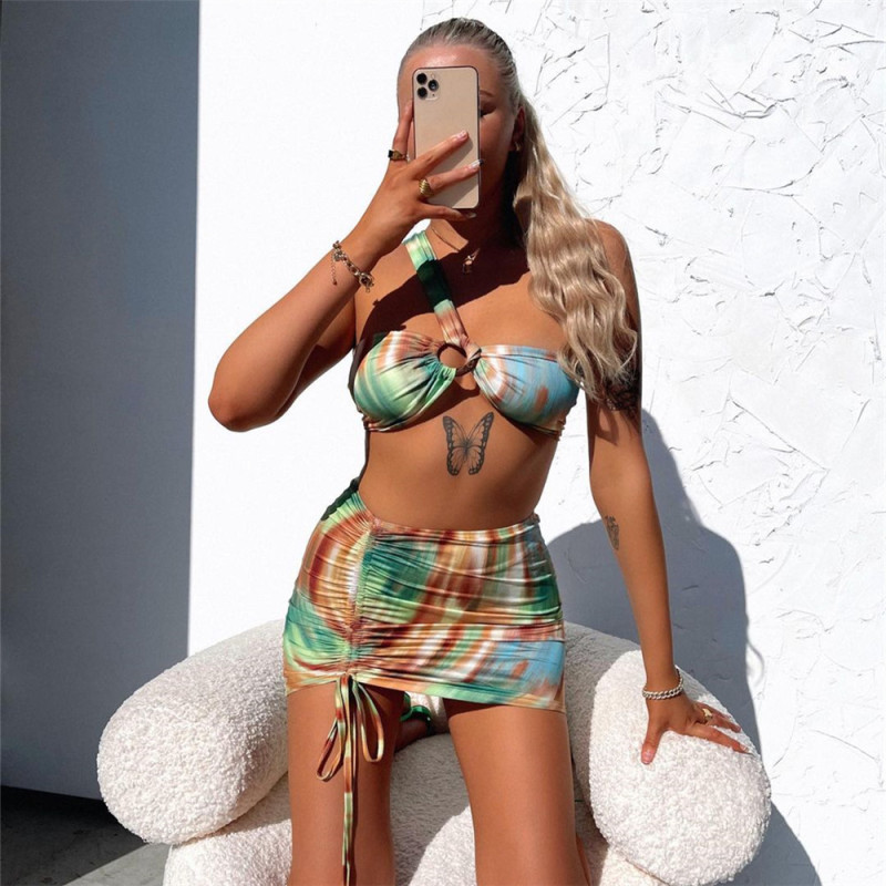 Women Printed One Shoulder Bikini Fashion Three-Piece Swimsuit