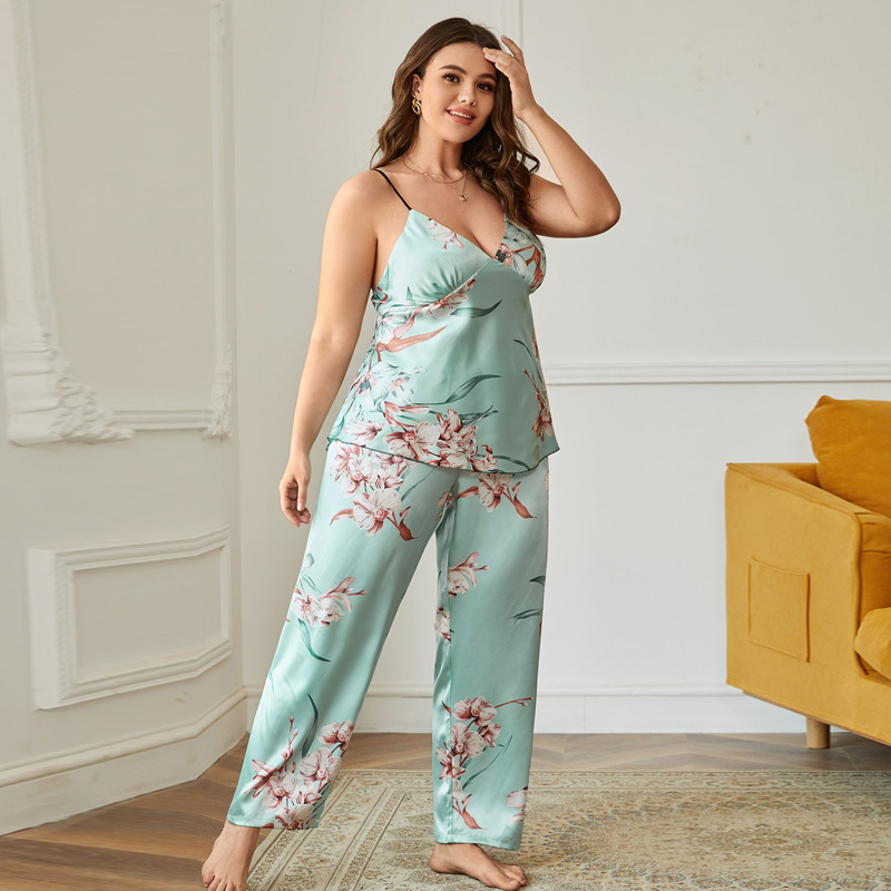 Ice Silk Pajamas Women Sexy Plus Size Backless Strap Fashion Floral Printed Homewear