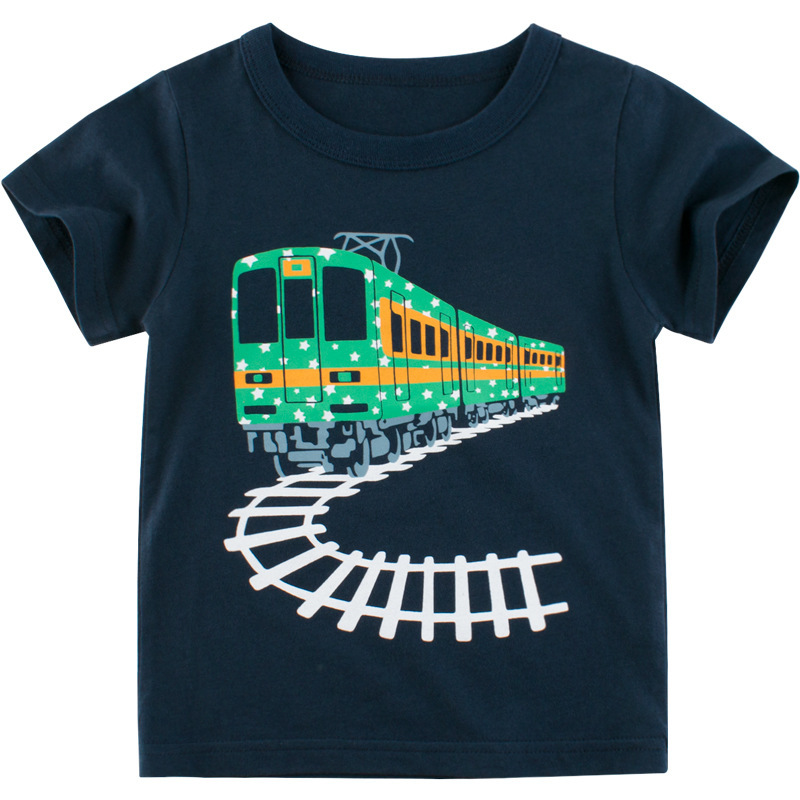 Boys Basic Cartoon Train Round Neck Short-Sleeved T-Shirt