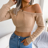 Women Edgy Solid Color Irregular Oblique Shoulder Long Sleeve Crop Knitted Sweater