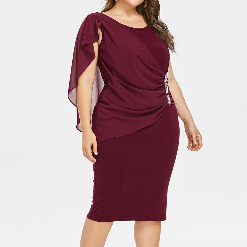 Plus Size Women Round Collar Crease Slim Dress