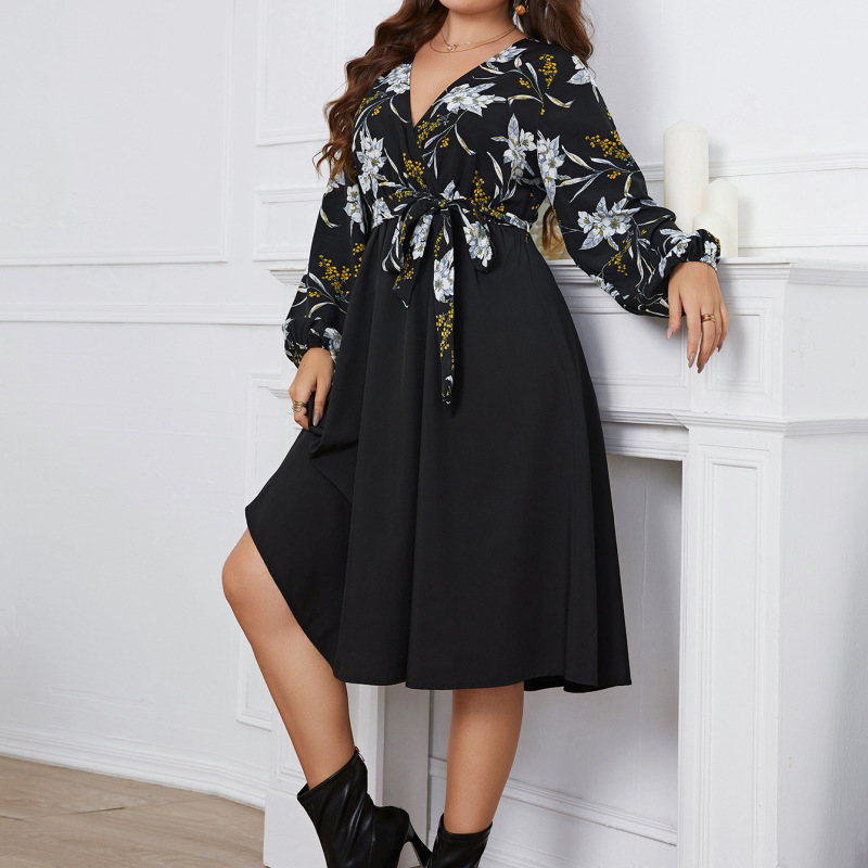 Women Autumn Winter Long-Sleeved V-Neck Loose Floral Print Sash Midi Casual Dress