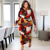 Autumn Winter Geometric Tie Dye Print Plus Size Women Zipper Maxi Long Sleeve Dress