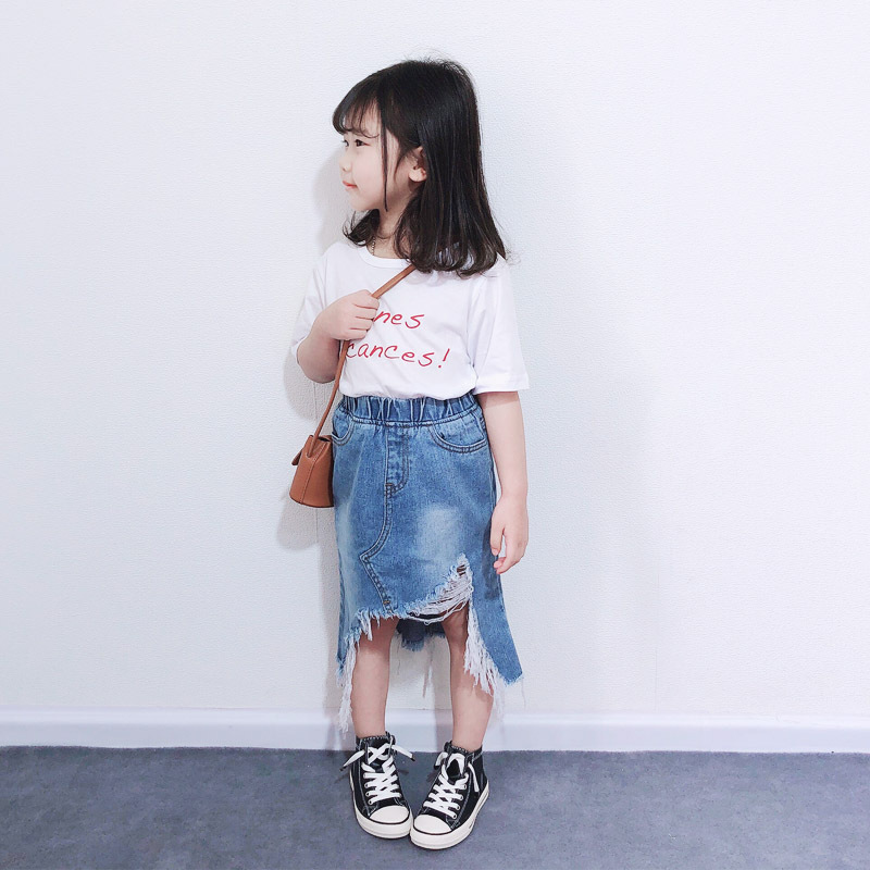 Kids Girls Personalized Irregular Tear Design Elastic Denim Skirt